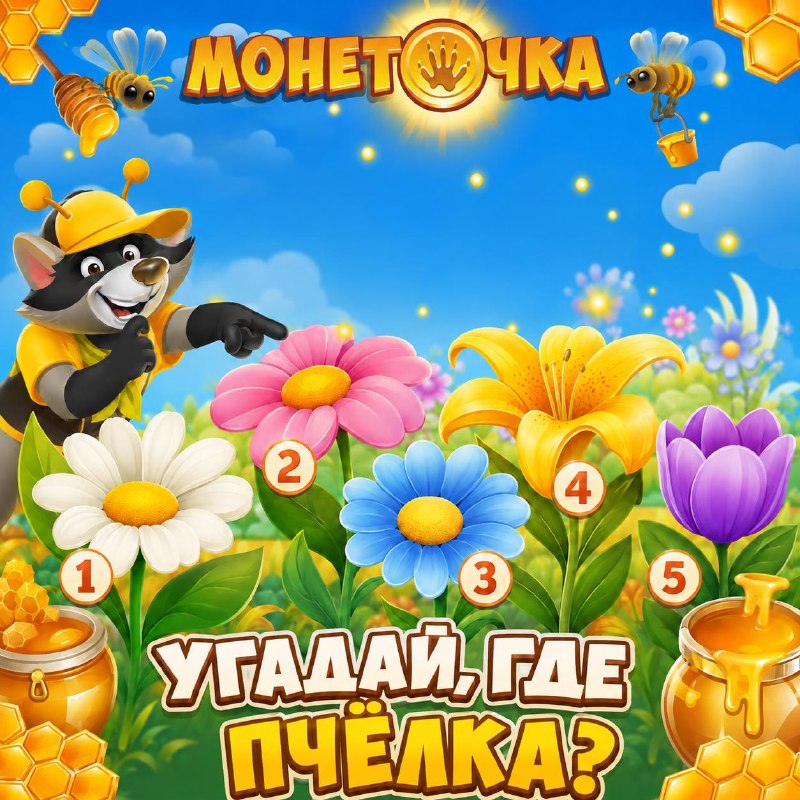 Монеточка: 🐝 Угадай, где спряталась пчёлка! 🌸 Пчёлка решила сыграть с Енотиком в прятки и оставила…